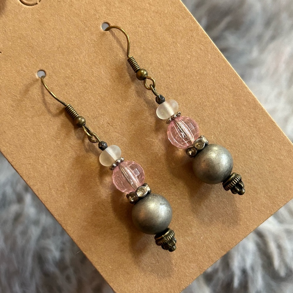 Handcrafted opalite glass vintage bead faceted hematite dangle earrings